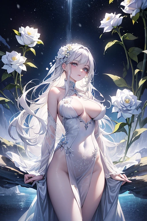 (Paradise in Heaven), White lighting,(muste piece), (best quality), (cinematic), 8K, (art station),(長いwhite hairとSilvery eyesを持つ1人の女), (beautiful delicate face)、[Frozen trees々], [landscape crystal], [lighting], [Ethereal Atmosphere:1.1], [fantasy, short story] ,[soft なlighting] 、(+cinematic shot:1.2)、 [+art station] 、[+luminous white background] 、 [soft glow] 、(Creative and dynamic angles:1.3), [+Crystal Toning] 、muste piece, very detailed, Super detailed, solo, (pale skin), Silvery eyes, white hair, (snow background), (snowflake rosen flower:1.0), (shining crystal), (Snowy ground), (White lashes), y woman、dreamy and detailed, Gorgeous setting, 妖しい雰囲気 muste piece, The most beautiful scenes, majestic、(((full of white flowers)))、quiet and serene atmosphere、attractive, all white tones,Inside the crystal library,Transparent flowers and falling snow，Many white roses are planted,(water flowing,waterfall,water bloom),The decoration is also carefully done.,dream（very detailedです，creative design，crisp and precise lines，K HD，best quality，master piece，超High resolution，In 4K）、Diverse poses、((beautiful white flower hair ornament))、beautiful hairstyle、(best quality, In 4K, 8K, High resolution, muste piece:1.2), Super detailed, detailed expression, graceful posture, Expressiveなブラシストローク, mysterious atmosphere, artistic interpretation,Delicate floral jewelry， (((Detailed design、Beautiful transparent dress made of thin fabric、Sheer mini dress that shows off your skin)))、(SFW:1.5), (oversized breest body proportions, proportions of large breasts,:1ressive