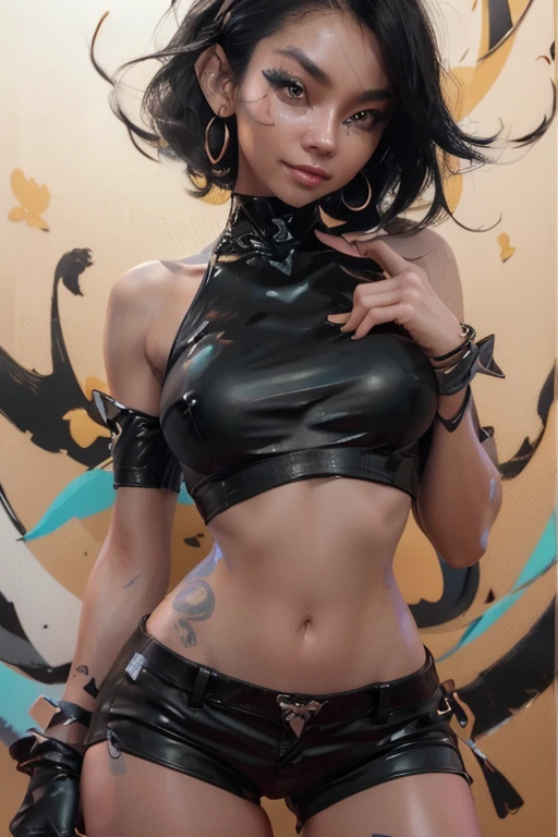 There's a woman in a black top and black shorts posing, por Oliver Sin, trends on cgstation, por Yang J, deviantart artstation cgscosiety, ross tran 8k, uau glossy skin, uau art, art of uau, [ trends at CGSociety ]!!, uau | artegerm, arte conceitual digital suave