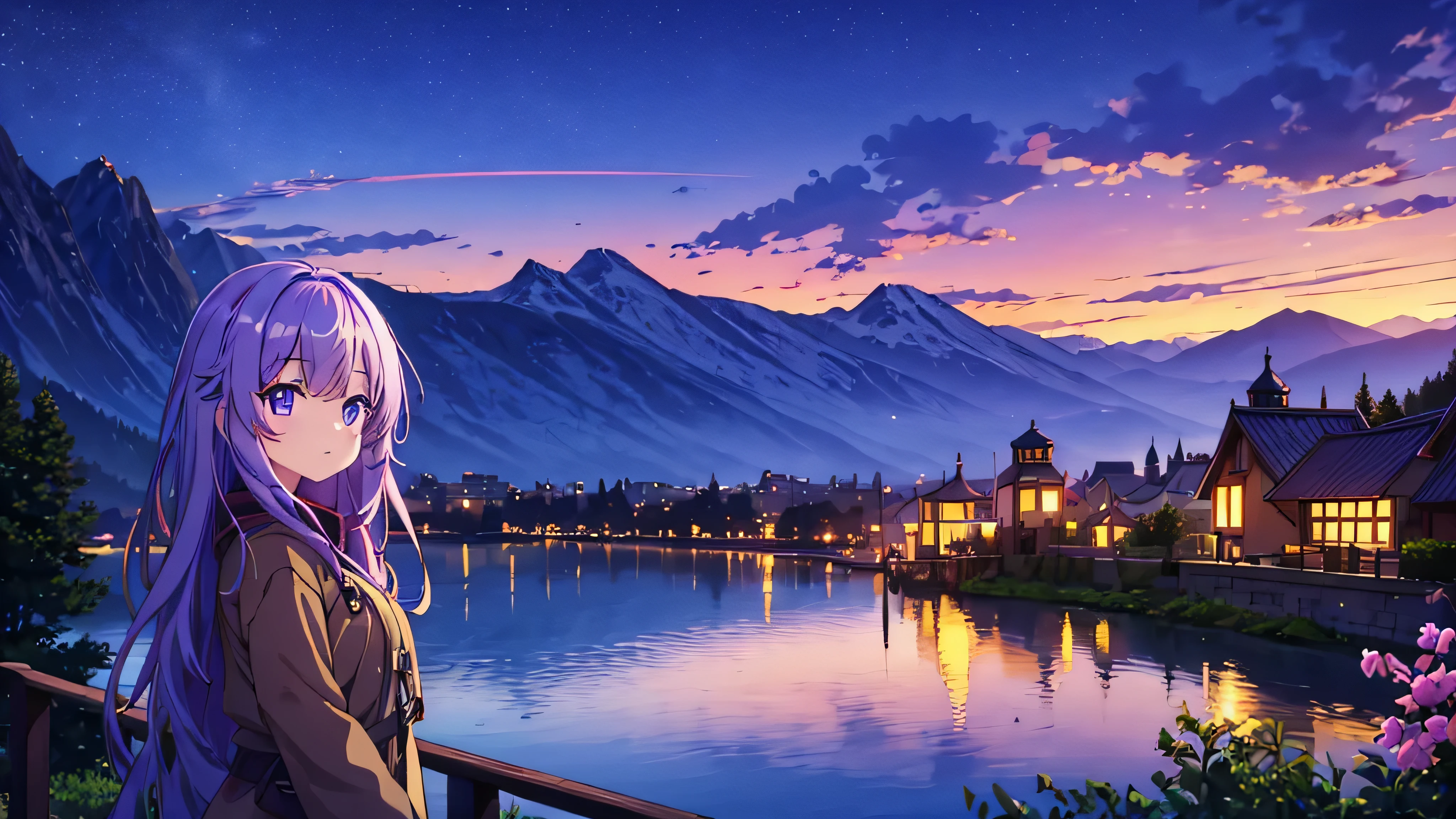 night, Mountain range in the background, the lake in front of the mountains, An ancient city glows on the other side of the lake, with a cute anime girl in the foreground, purple long hair, girl looks at this city by the lake