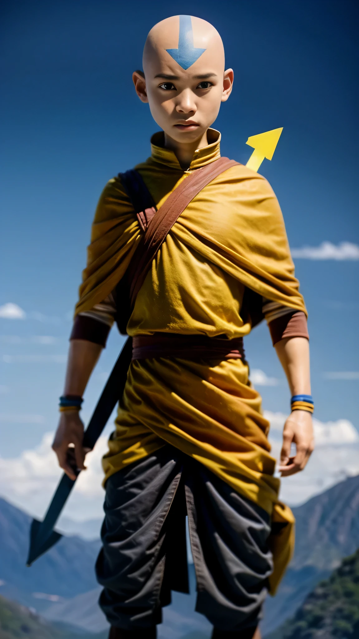 AangAv, solo, 1 boy, Tibetan, light skin, gray eyes, bald, blue arrow, orange and yellow robes,