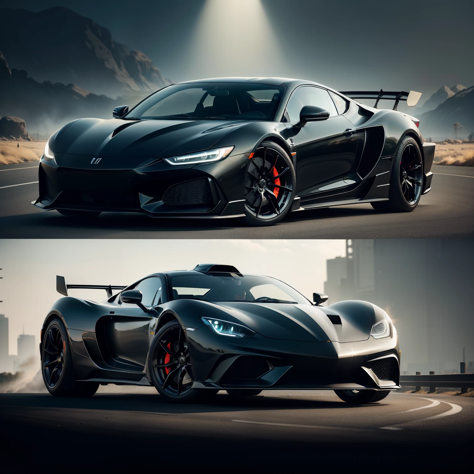 A sleek, black car with shiny chrome accents gleams in the sunlight, its engine purring with power and sophistication. The cyber punk driver, with neon green eyes and a shimmering silver mask, sits behind the wheel, hands gripping the steering wheel in focus and determination. The car's interior is a blend of high-tech innovations and classic car charm, with gleaming dashboard buttons and comfortable, leather seats. The exterior is highly detailed, from the intricate designs etched into the side panels to the meticulously crafted headlights and taillights. The car's shadow stretches long and dark over the gravel road, its engine roaring as it picks up speed