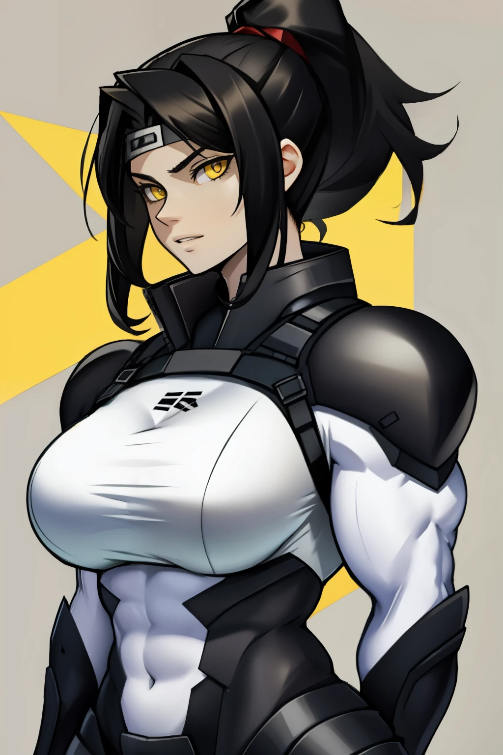 massive breasts huge breasts ((((muscular girl)))) ((((muscular girl)))) ((((muscular girl)))) toned body skinsuit long hair black hair yellow eyes pale skin serious look empty eyes sad frown embarrassed embarrassed embarrassed embarrassed