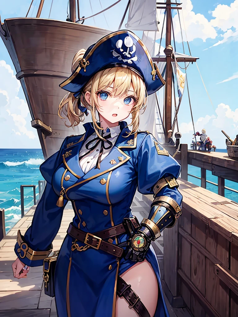 （（（masterpiece、Highest image quality、highest quality、highly detailed unity 8ｋwallpaper）））、（（Illustration of one girl、upper body））、（（（beautiful girl）））、（fantasy、female pirate）、（blonde、short ponytail：1.2、light blue eyes）、（（（Right hand is a prosthetic hand、steampunk prosthetic arm）））、（（tall））、bulky figure, massive frame, thick neck, sturdy arms, powerful legs、（captain&#39;s suit、Pirate hat、Blue coat）、standing on the pier、pirate ship、Wooden sailing ship