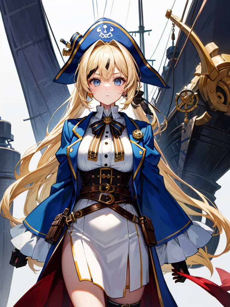 (((masterpiece、Highest image quality、highest quality、highly detailed unity 8kwallpaper)))、((Illustration of one girl、upper body))、(((beautiful girl)))、(fantasy、female pirate)、(blonde、short ponytail:1.2、light blue eyes)、(((Right hand is a prosthetic hand、steampunk prosthetic arm)))、((tall))、bulky figure, massive frame, thick neck, sturdy arms, powerful legs、(captain's suit、Pirate hat、Blue coat)、standing on the pier、pirate ship、Wooden sailing ship