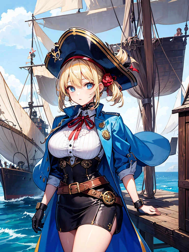 (((masterpiece、Highest image quality、highest quality、highly detailed unity 8kwallpaper)))、((Illustration of one girl、upper body))、(((beautiful girl)))、(fantasy、female pirate)、(blonde、short ponytail:1.2、light blue eyes)、(((Right hand is a prosthetic hand、steampunk prosthetic arm)))、((tall))、bulky figure, massive frame, thick neck, sturdy arms, powerful legs、(captain's suit、Pirate hat、Blue coat)、standing on the pier、pirate ship、Wooden sailing ship
