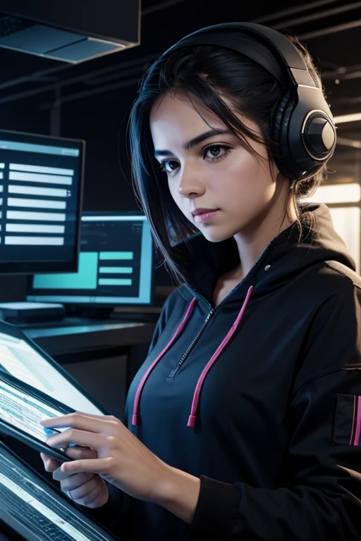 hacker, mujer, trabajando 