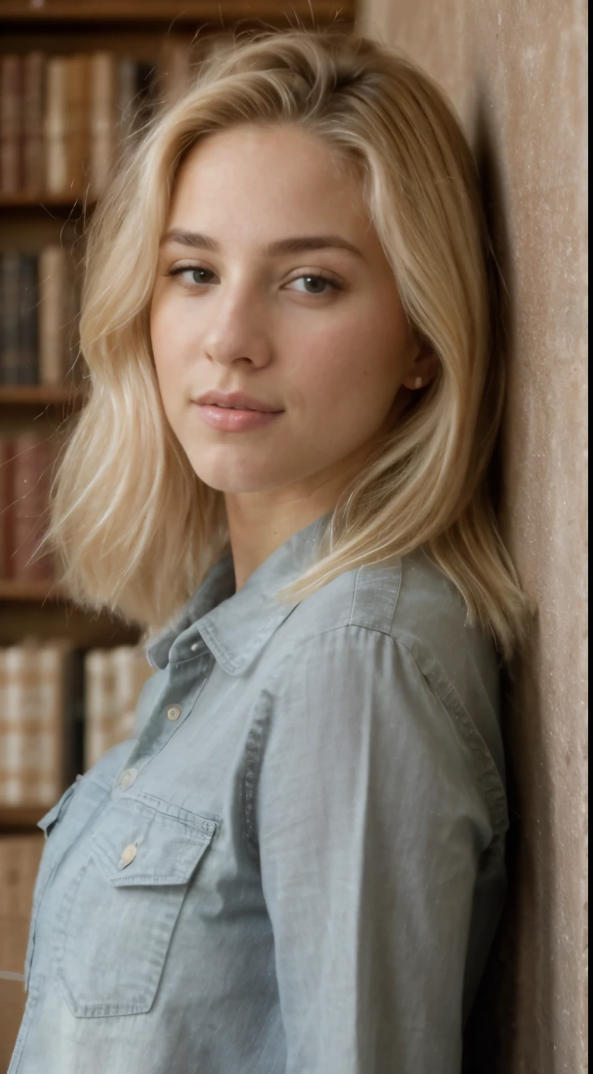 A 23-year-old blonde woman, ((pechos grandes)), ((hiperrealismo)) ,. blonde hair with light brown roots. cabello rubio, Hair with brown roots, cabello extra largo, cabello muy largo, really long hair, Beautiful, Front view, selfie, photo taken with iPhone, elegant green shirt with escote, escotada, selfie in the library, high quality, selfie iPhone