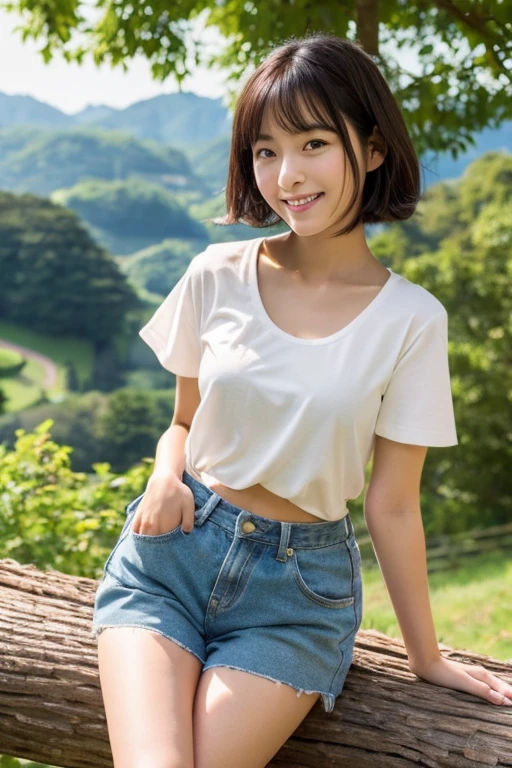 beautiful japanese woman, high teenager, I am standing on a farm with a view of the mountain ridgeline of Nobeyama.,A woman sitting lightly on a log fence （Detailed model figure：face is facing the camera, The body is facing the camera） （Photo composition：Front of the body, Photo from thighs up,looking at the camera,　Photo from the front） （facial details：long eyes, beautiful eyes, Eye pupils are black, looking at the camera, elongated facial contour, Smile a little,sharp cheeks, round chin, clean nose, round chin, Bob cut brown hair） （Body details：Height: 155cm, bust 79cm, Waist 55cm, Hip 85cm, Healthy thighs) （detailed costumes： yellow short sleeve round neck shirt, Lower body is naked）