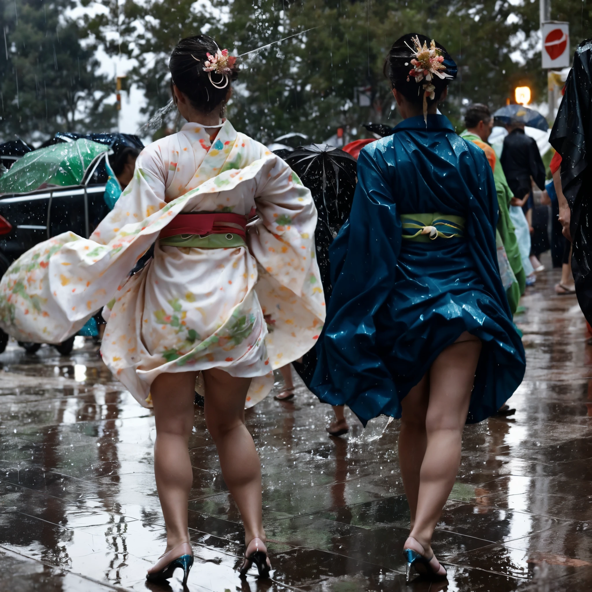 (YES SFW). (full body shot), ultra high detail, [harsh flash], a 60 years old woman, curvy, running in the rain, outside drugstore, hollowed face, cheekbones, pretty, eyeshadow, redhead, normal breasts, WindyUpskirt, ((imperfect skin)), [wrinkles], ((perfect face)), black thigh-highs, natural breasts, (nhjy, a woman in a kimono dress with a tree), open mouth, dull and sad eyes, saliva trails, (ultra detailed skin texture, ultra detailed hair, ultra detailed lips, ultra detailed teeth, ultra detailed fingers, ultra detailed nose, real skin pores, moles on skin). It's pouring rain. (rain drops on face). High details, Backlit. Diffuse lights. Viewed from afar. (It's raining:1.5)
