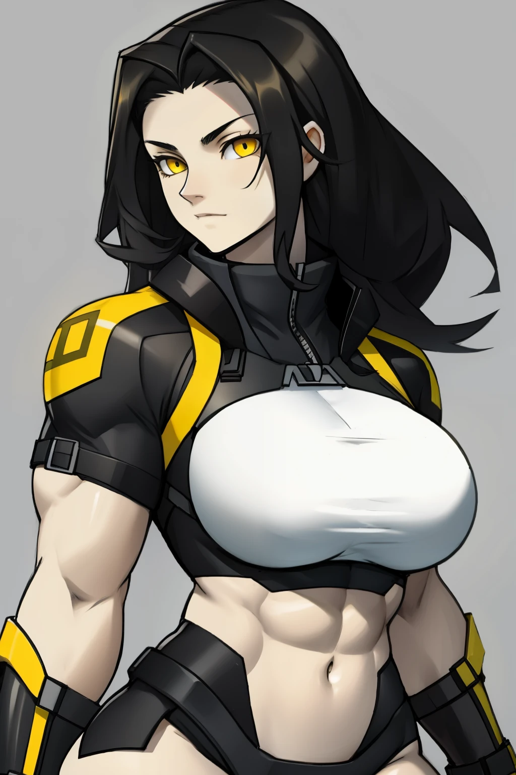 sad pale muscular girl large breasts hair between eyes long hair black hair yellow eyes