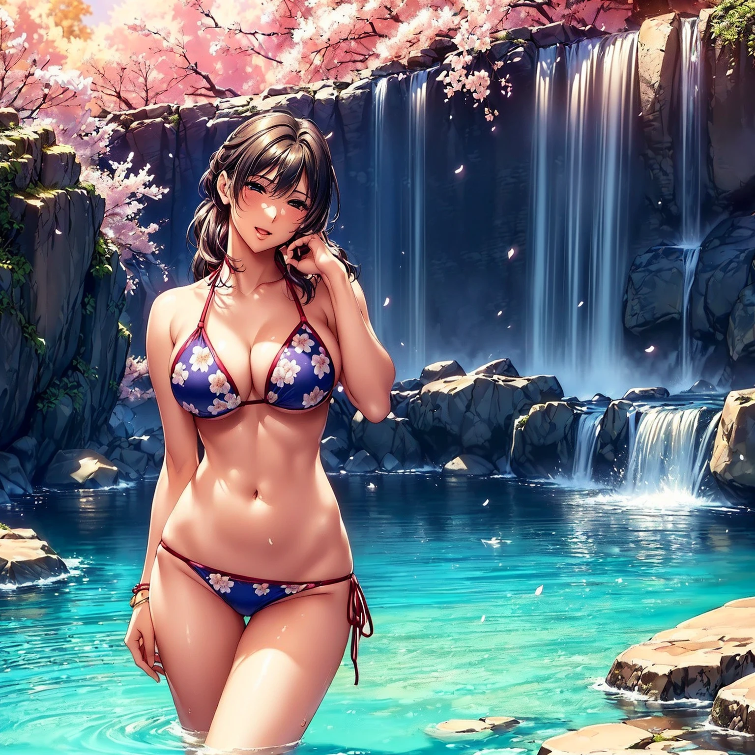 (((highest quality、masterpiece、very high resolution))),(There is one woman who has perfect and ultimate beauty.,beautiful figure,beautiful face,beautiful skin,beautiful breasts,Well-formed eyes and nose),(Have a nice smile,open your mouth,cheeks are red),(beautiful hair,best hair texture),(beautiful breasts:F cup,Best skin texture,),((elegant floral bikini,bikini swimwear:colorful)),(Fantastic waterside,There is a waterfall,Night cherry blossoms and lanterns,mysterious night sky、beautiful scenery,There is a sense of dynamism,the wind is blowing)、(water play,beautiful pose,model shoot),(best shot,RAW photo)、Realistic portraits,bijinga,