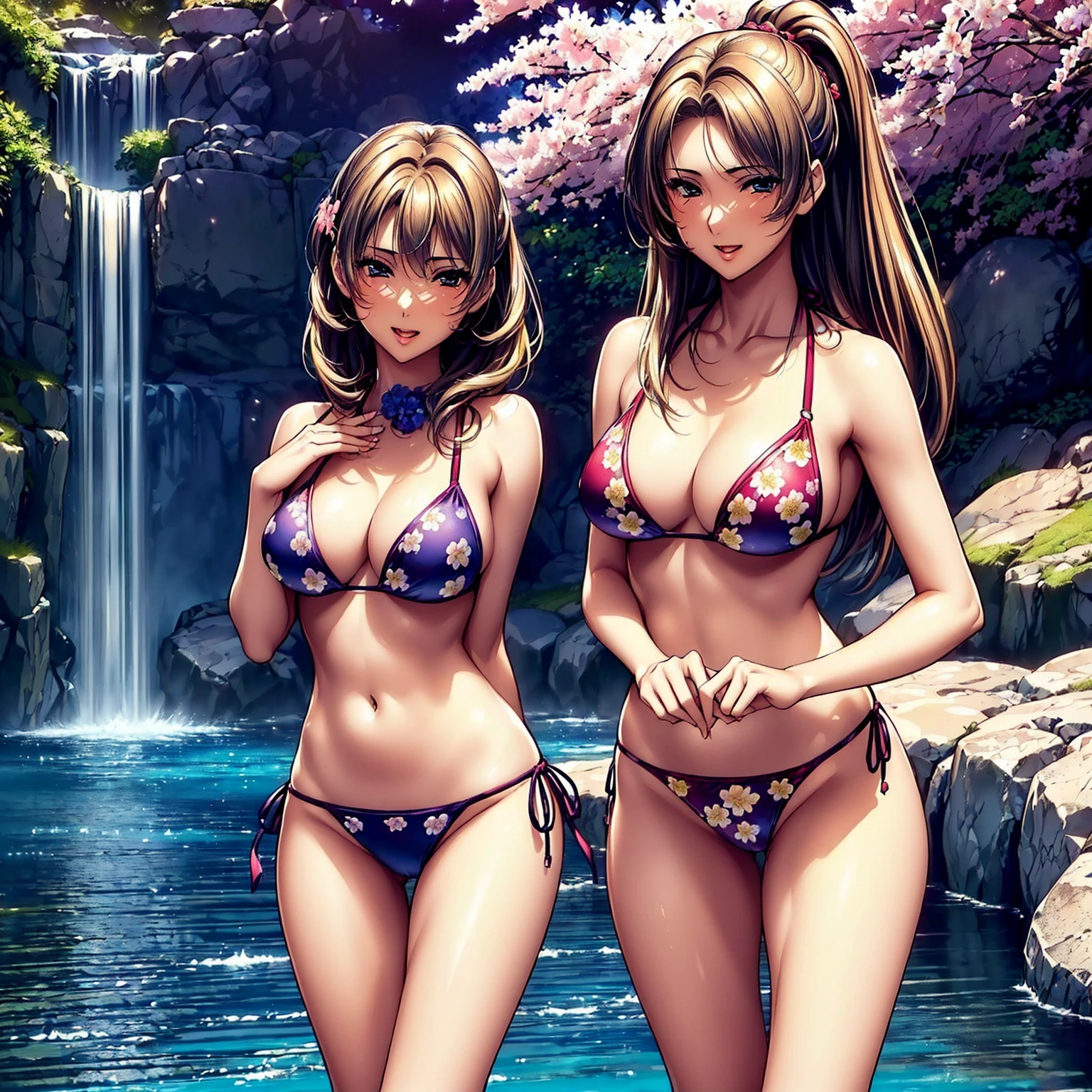 (((highest quality、masterpiece、very high resolution))),(There is one woman who has perfect and ultimate beauty.,beautiful figure,beautiful face,beautiful skin,beautiful ,Well-formed eyes and nose),(Have a nice smile,open your mouth,cheeks are red),(beautiful hair,best hair texture),(beautiful breastsBest skin texture,),((elegant floral bikini,bikini swimwear:colorful)),(Fantastic waterside,There is a waterfall,Night cherry blossoms and lanterns,mysterious night sky、beautiful scenery,There is a sense of dynamism,the wind is blowing)、(water play,beautiful pose,model shoot),(best shot,RAW photo)、Realistic portraits,bijinga,