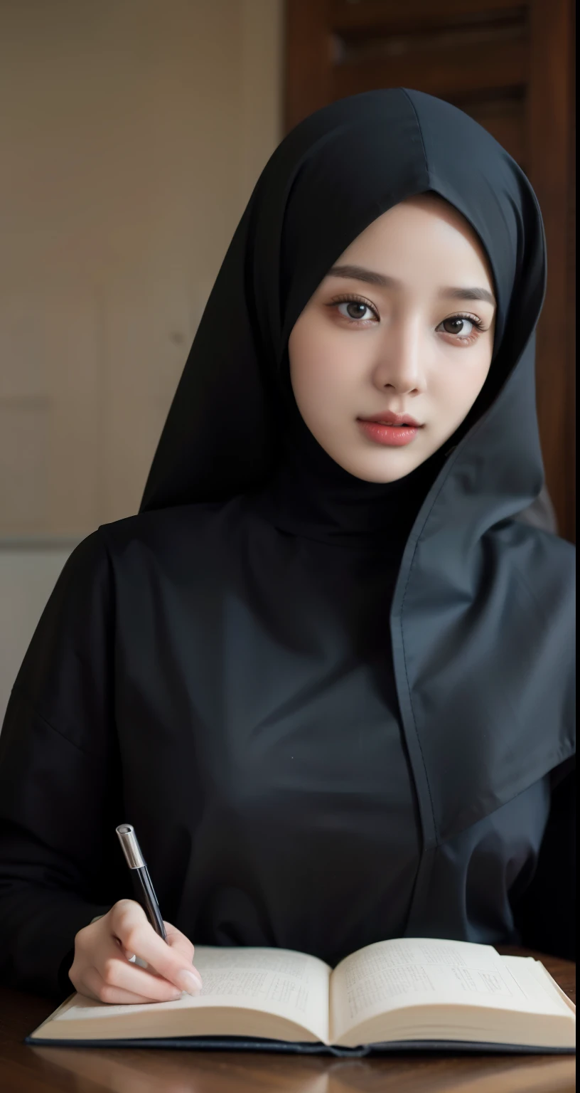 (best quality,4k,8k,highres,masterpiece:1.2),ultra-detailed,eyes detailed, face bright, face glow,(realistic,photorealistic,photo-realistic:1.37),17yeats old girl, Pasmina hijab abaya,blue hijab pasmina,asian korean beautiful girl girl,book,style sex +18,book,erotic Asian korean