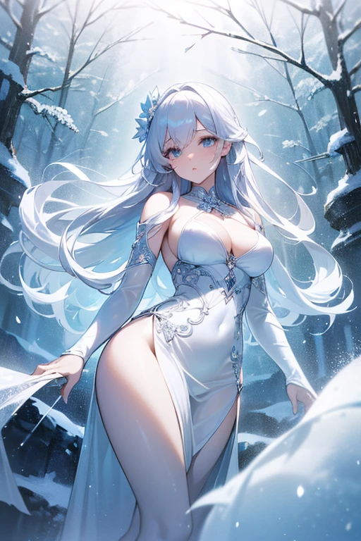 (Paradise in Heaven), White lighting,(muste piece), (best quality), (cinematic), 8K, (art station),(長いwhite hairとSilvery eyesを持つ1人の女), (beautiful delicate face)、[Frozen trees々], [landscape crystal], [lighting], [Ethereal Atmosphere:1.1], [fantasy, short story] ,[soft なlighting] 、(+cinematic shot:1.2)、 [+art station] 、[+luminous white background] 、 [soft glow] 、(Creative and dynamic angles:1.3), [+Crystal Toning] 、muste piece, very detailed, Super detailed, solo, (pale skin), Silvery eyes, white hair, (snow background), (snowflake rosen flower:1.0), (shining crystal), (Snowy ground), (White lashes), sexy woman、dreamy and detailed, Gorgeous setting, 妖しい雰囲気 muste piece, The most beautiful scenes, majestic、(((full of white flowers)))、quiet and serene atmosphere、attractive, all white tones,Inside the crystal library,Transparent flowers and falling snow，Many white roses are planted,(water flowing,waterfall,water bloom),The decoration is also carefully done.,dream（very detailedです，creative design，crisp and precise lines，K HD，best quality，master piece，超High resolution，In 4K）、Diverse poses、((beautiful white flower hair ornament))、beautiful hairstyle、(best quality, In 4K, 8K, High resolution, muste piece:1.2), Super detailed, detailed expression, graceful posture, Expressiveなブラシストローク, mysterious atmosphere, artistic interpretation,Delicate floral jewelry， (((Detailed design、Beautiful transparent dress made of thin fabric、Sheer mini dress that shows off your skin)))、(SFW:1.5), (oversized breasts, best body proportions, proportions of large breasts,:1.5)、Expressive