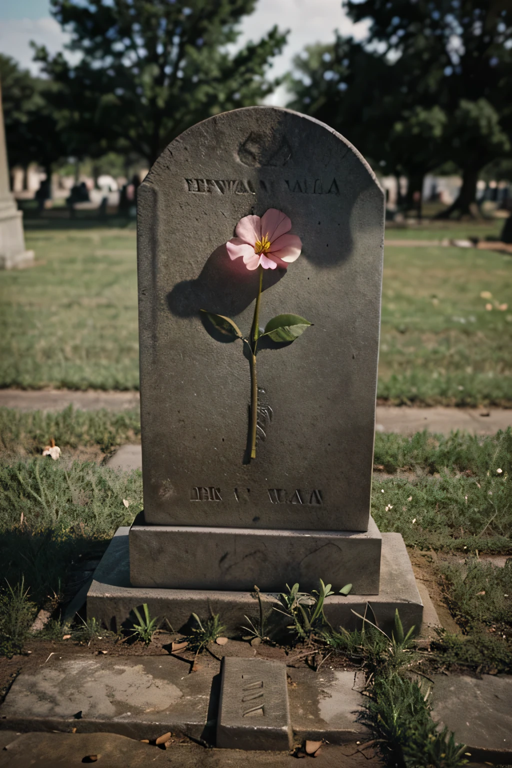 Tombstone with a flower on the ground