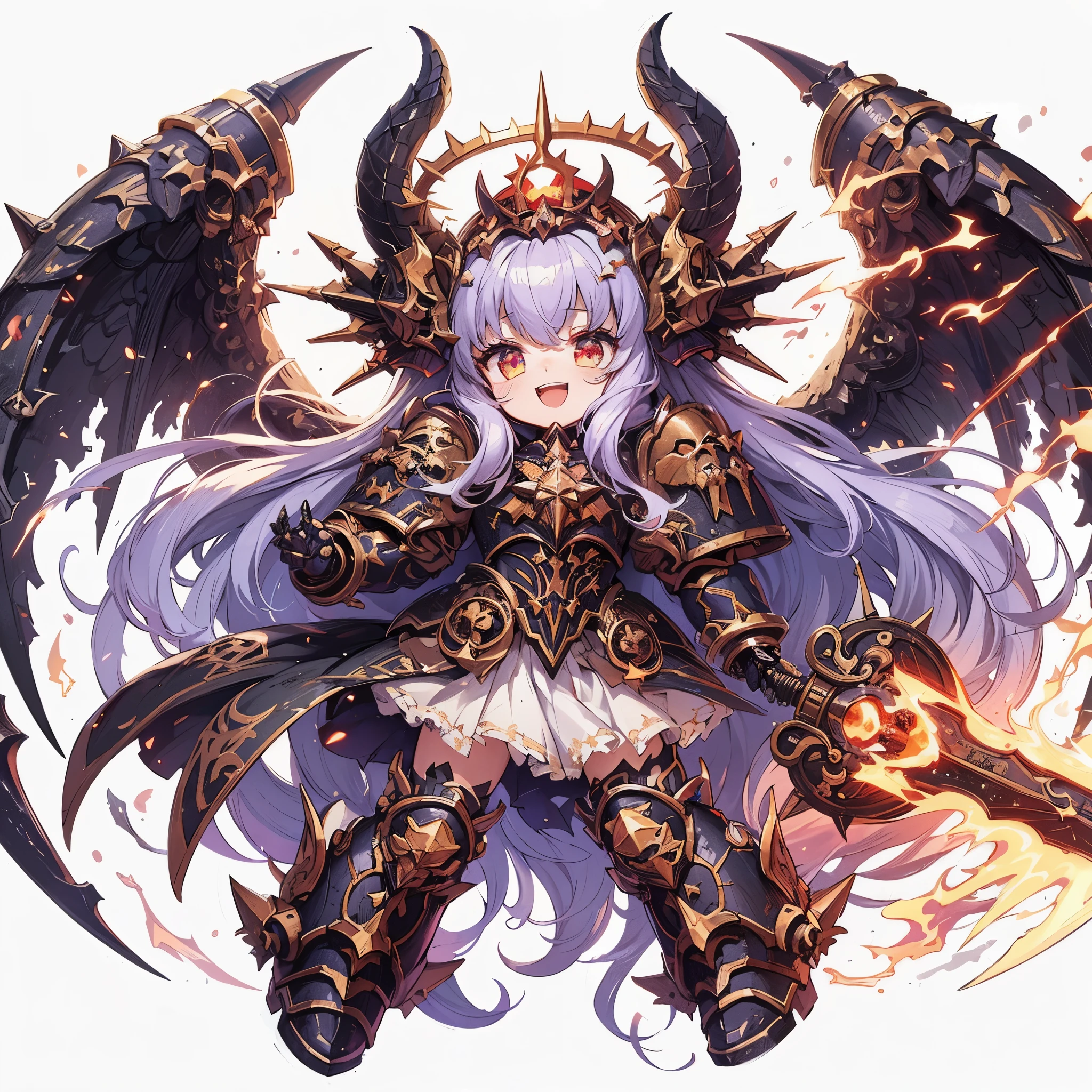Masterpiece, best quality, ultra-detailed, anime style, full body of cute Chaos space marine girl, daemon primark girl, Heavy laminated power armor, blackened burnished armor with gold trim, giant horn and giant wing, huge sword and giant claw, supernatural Lightning and flame, Warhammer 40K, ((Eight-pointed star symbol)), 8k high resolution, trending art station, white background, whole body, winning smile