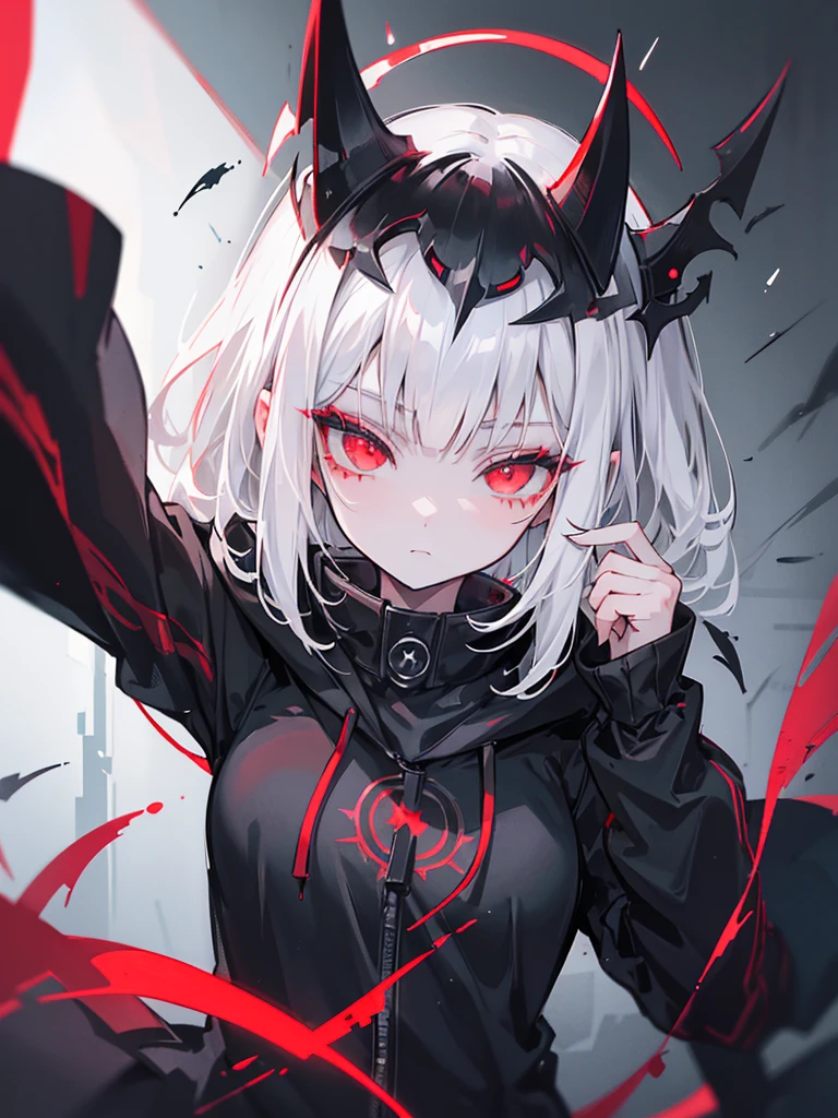 one girl, villain, black hoodie, short hair, white hair, flat bangs, red eyes, on a darkside town, crows fly, rainy town, dark theme, black sky, {{{{white hair}}}}