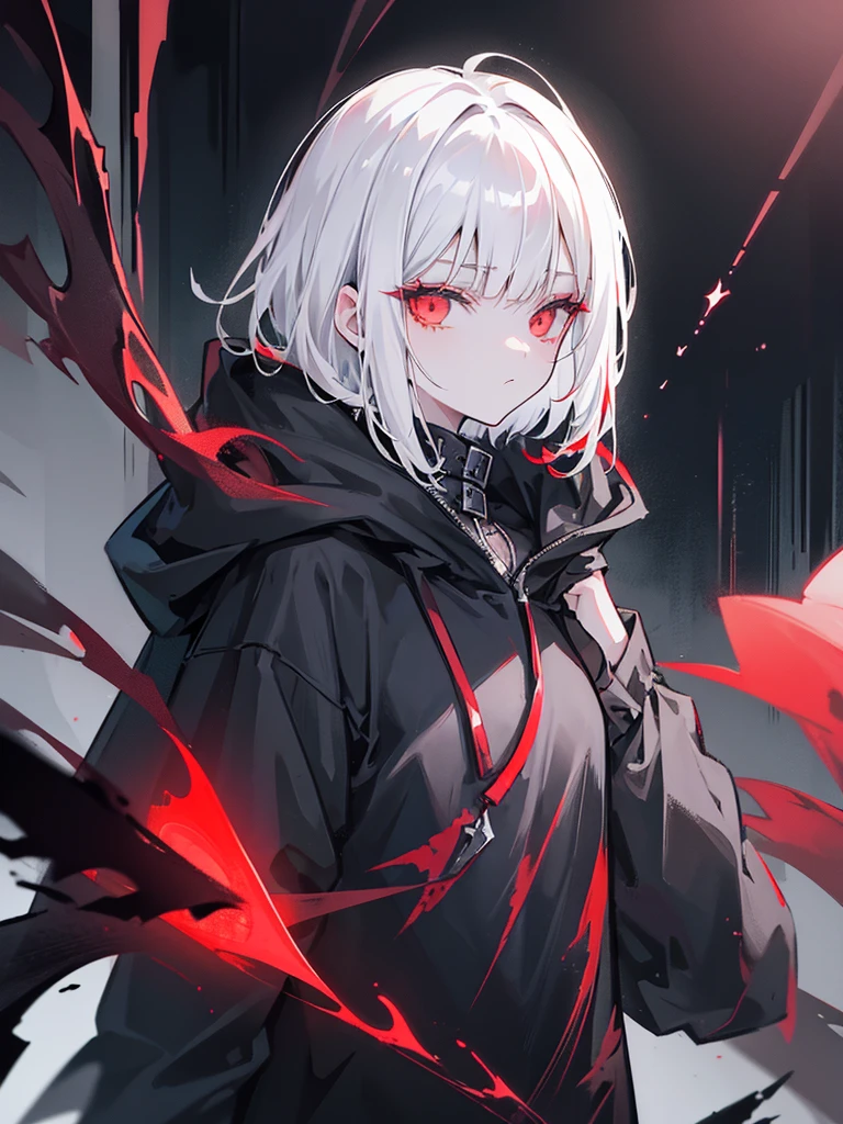 one girl, villain, black hoodie, short hair, white hair, flat bangs, red eyes, on a darkside town, crows fly, rainy town, dark theme, black sky, {{{{white hair}}}}