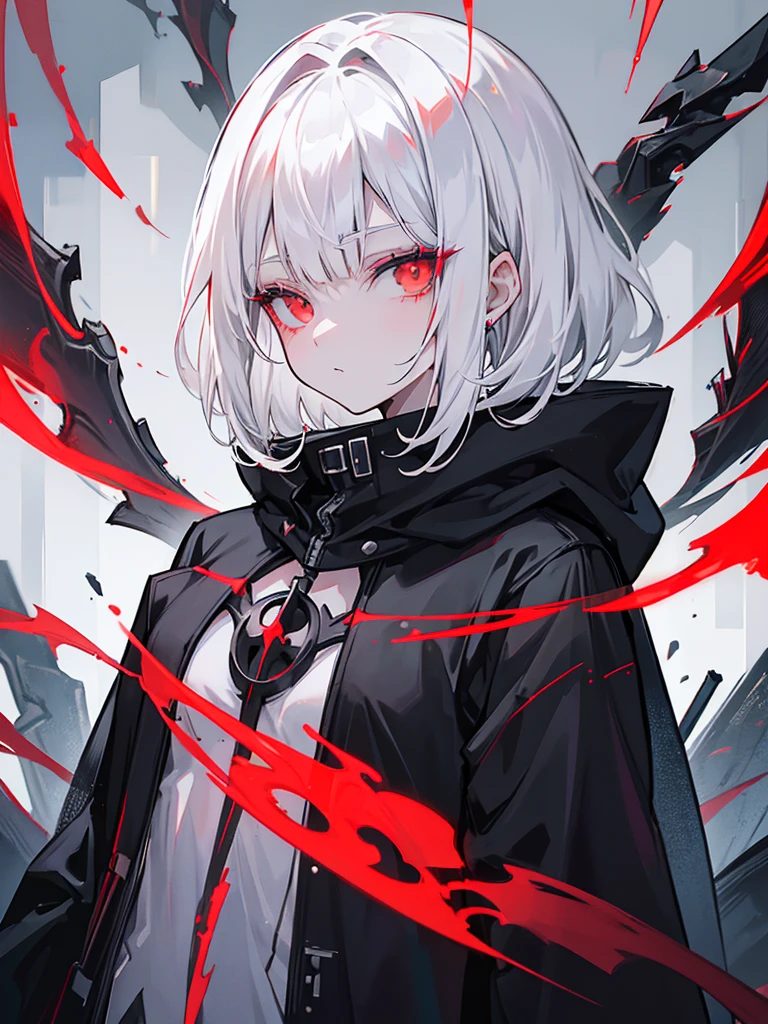 one girl, villain, black hoodie, short hair, white hair, flat bangs, red eyes, on a darkside town, crows fly, rainy town, dark theme, black sky, {{{{white hair}}}}