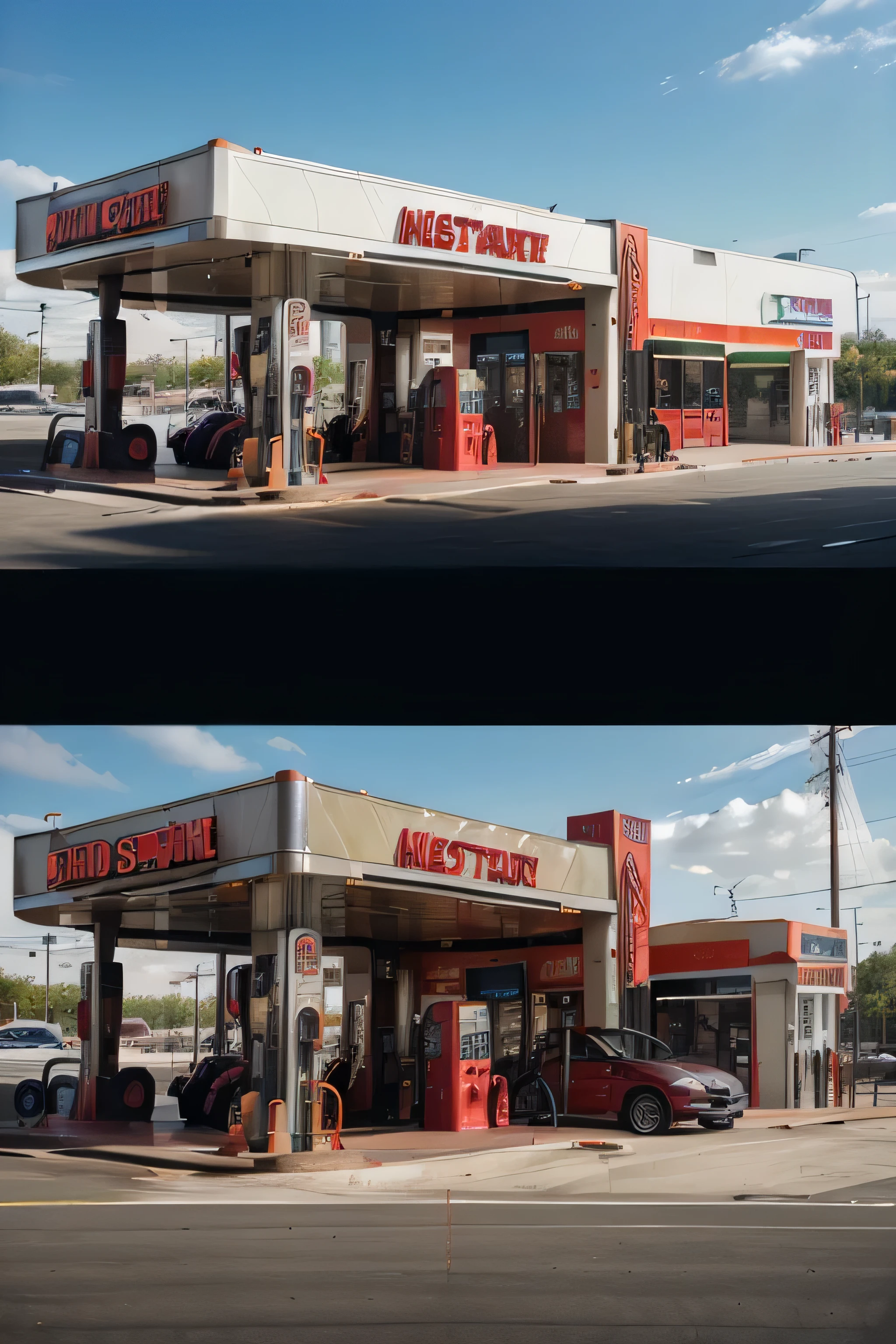 (A red gas station:1.2),money-themed sculpture, detailed architecture, expensive-looking gas pumps, shiny metallic surfaces, luxurious car accessories, elaborate decorations, vibrant colors, high-end street fashion, golden accents, eye-catching signage, extravagant lighting effects, polished concrete flooring, high-res digital artwork, professional graffiti, intricate textures, futuristic design, modern technology integration