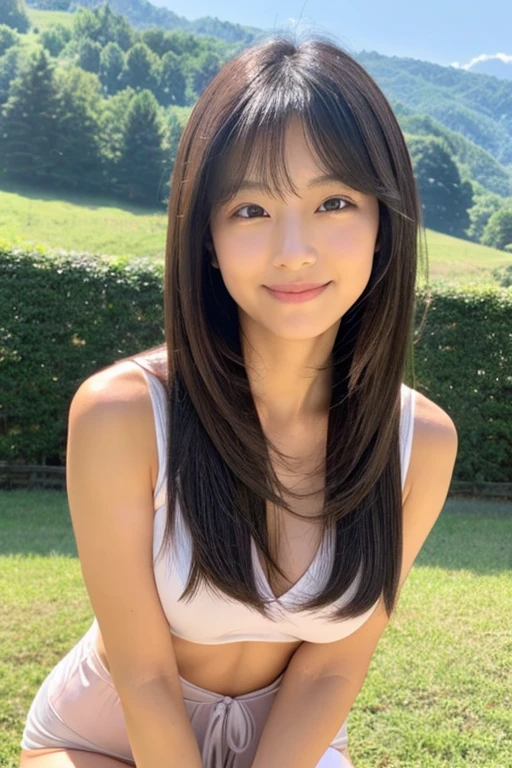 beautiful japanese woman, high teenager, I am standing on a farm with a view of the mountain ridgeline of Nobeyama., （Detailed model figure：face is facing the camera, The body is facing the camera） （Photo composition：Front of the body, Photo from thighs up,looking at the camera,　Photo from the front） （facial details：long eyes, beautiful eyes, Eye pupils are black, looking at the camera, elongated facial contour, Smile a little,sharp cheeks, round chin, clean nose, round chin, Bob cut brown hair） （Body details：Height: 155cm, bust 79cm, Waist 55cm, Hip 85cm, Healthy thighs) （detailed costumes： Full body nude）