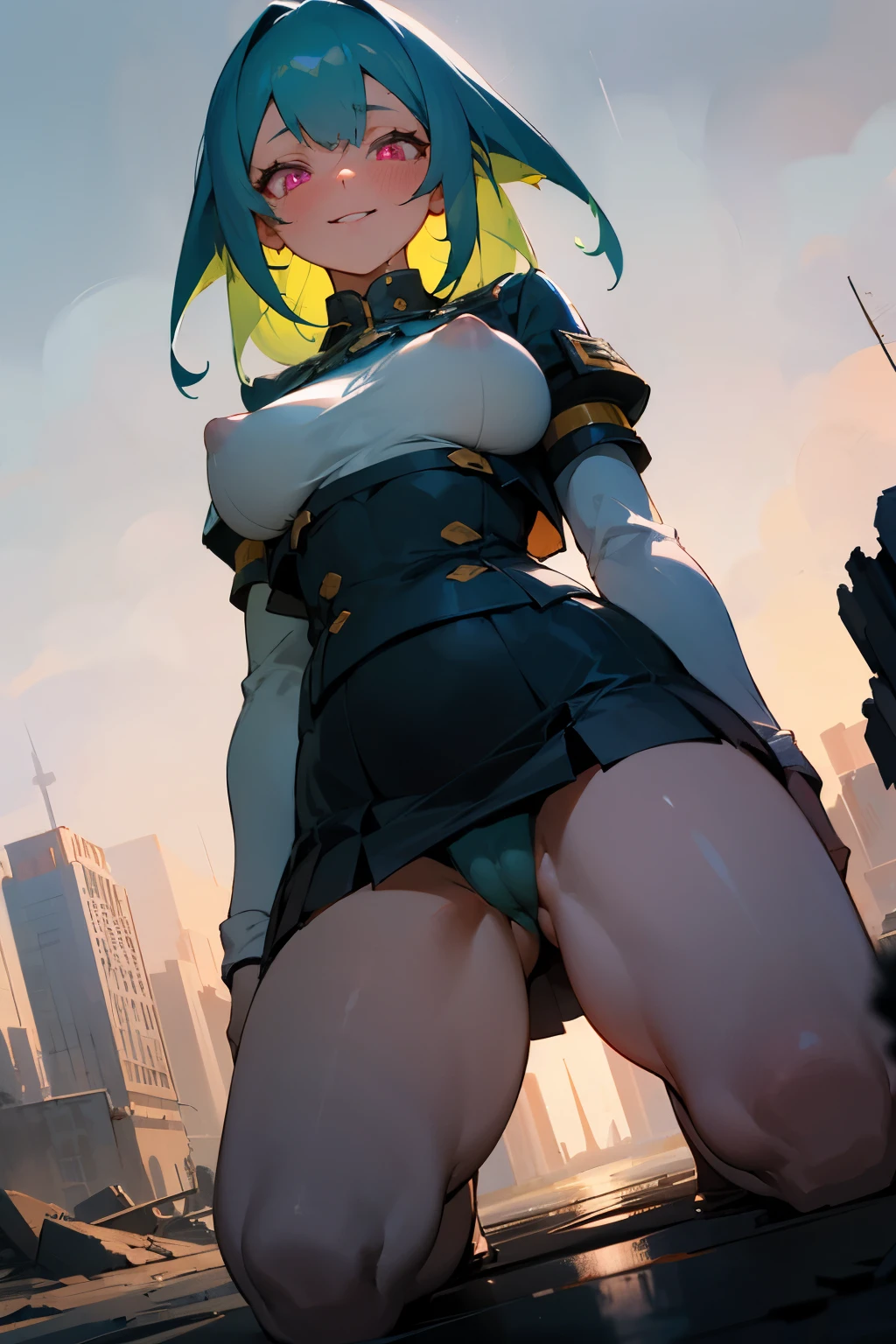 1girl, long blue green hair, pink eyes(glowing), expressive eyes, blushing, smiling, thick figure, voluptuous, pale skin(extreme), black uniform and skirt, eroticism, arms reaching for viewer, hands hidden in oversized sleeves, no hands, NO VISIBLE HANDS, wet, detailed nipples, detailed cameltoe, from below, squatting, chiaroscuro, Background: Crumbling city reclaimed by nature, sunset, absurdes, high res, ultrasharp, 8k, masterpiece,