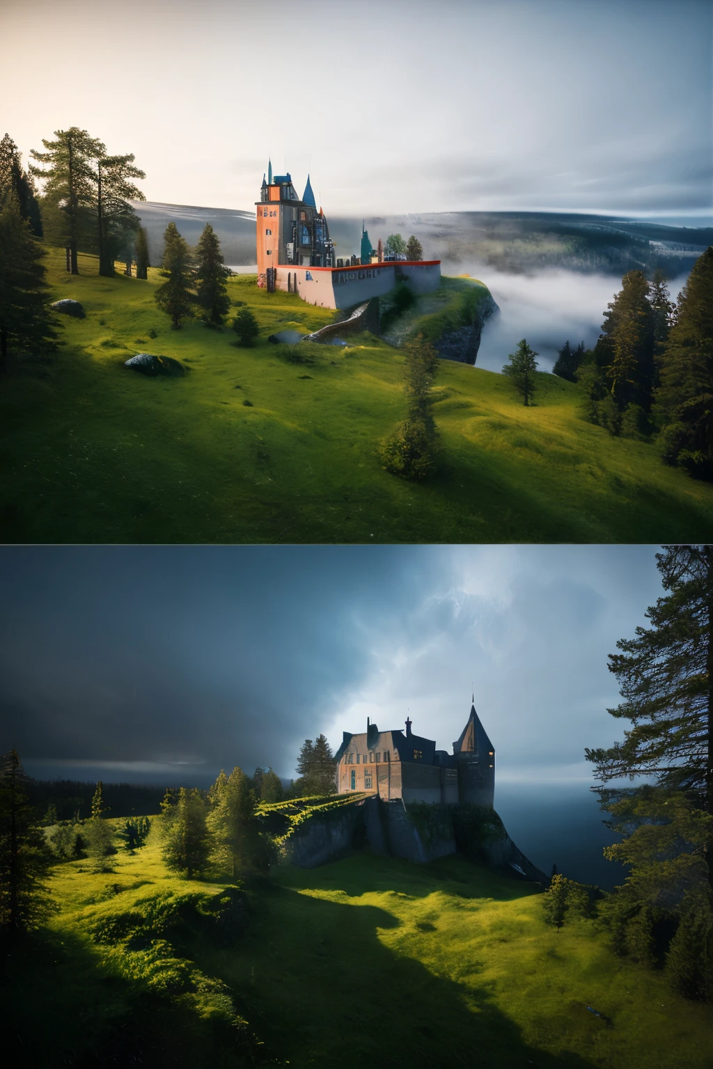 sketch, Minimalism, Colored inks and pencils, swedish landscape,Majestic classical castle, lifelike, foggy background, magic, Volumetric lighting, glare, Incredible sense of depth, 8k, Jean-Sebastien Rose,Alois Arnegger
