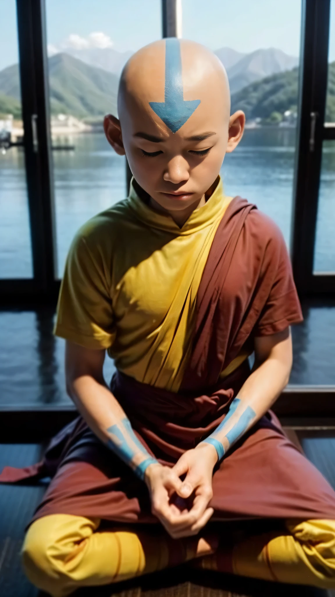 AangAv, solo, 1 boy, Tibetan, light skin, gray eyes, bald, blue arrow, orange and yellow clothes, sitting in front of a temple meditating.
