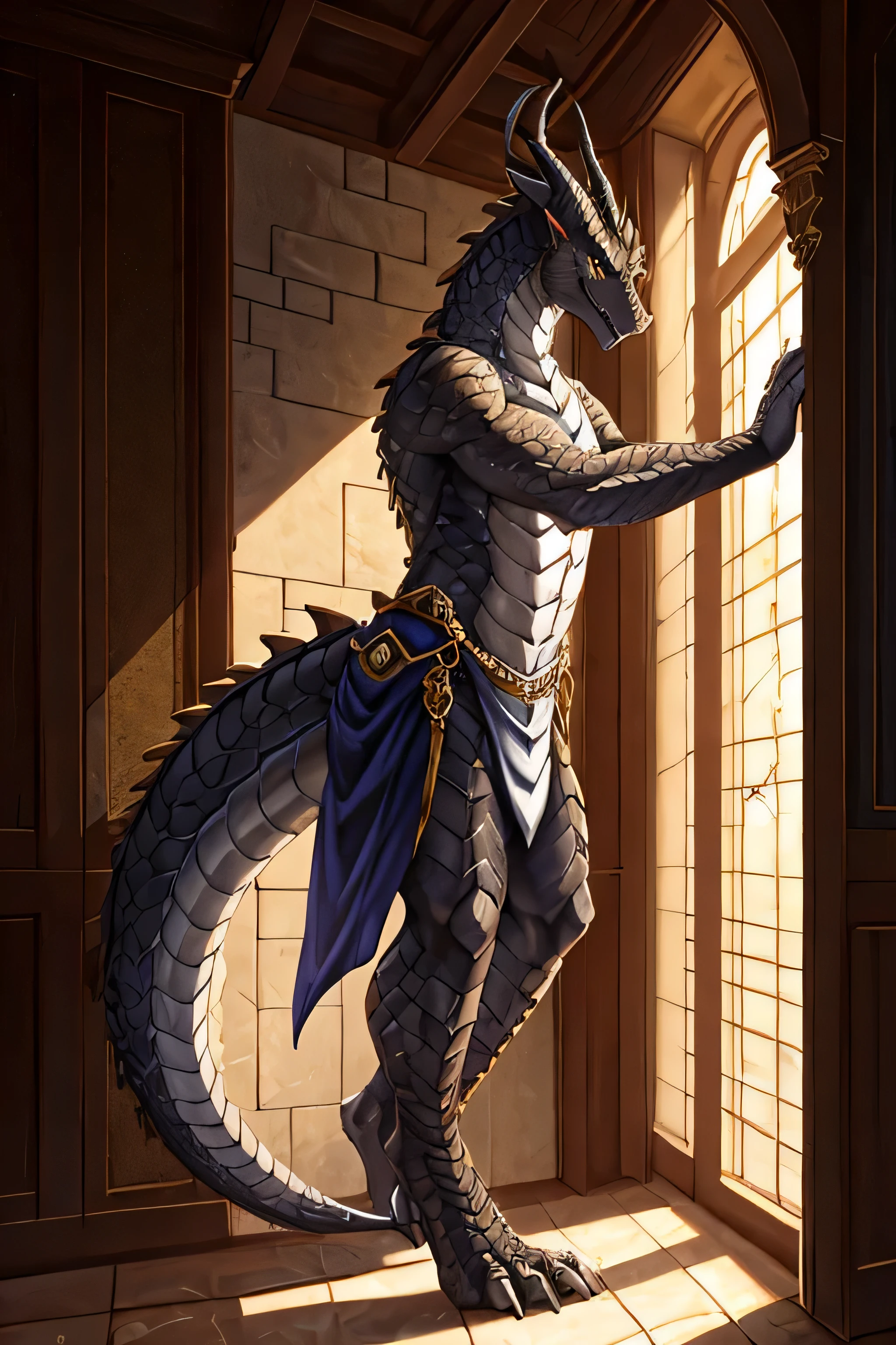 dragon, anthro, male, long neck, long horns, gold-colored eyes, stone scales, digitigrade, natural lighting, seductive, solo, grey scales, style of geppei5959 and Foxovh