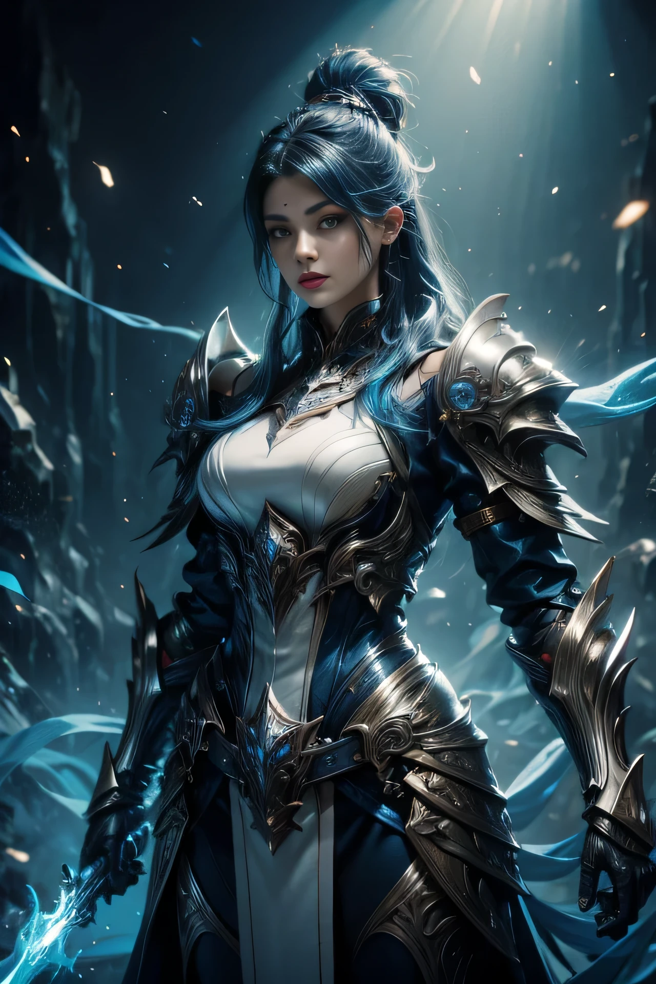 A female warrior wearing a white leather outfit., Behind it was a blue flame.., Wear revealing clothes, Dark blue hair, There is strong sunlight.., electric current around