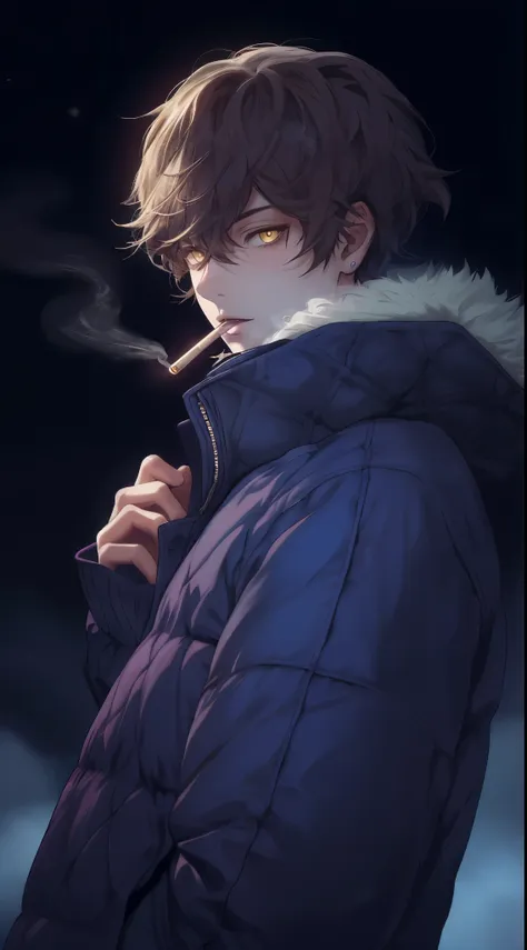 beautiful young man, brown hair, short hair, yellow eyes, blue quilted coat, smokes, night, smoke,high quality, amount of drawin...