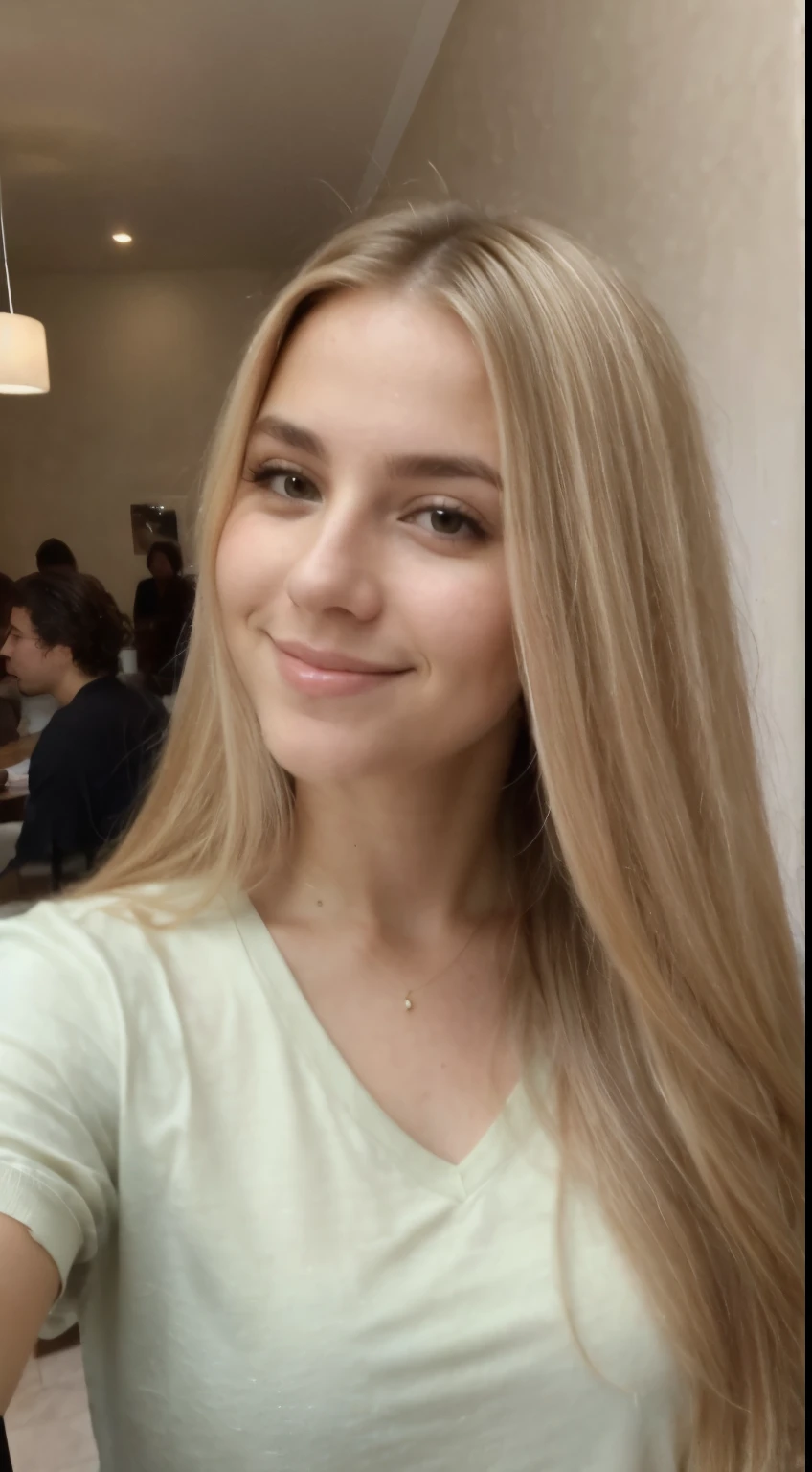 A 23-year-old blonde woman, ((pechos grandes)), ((hiperrealismo)) ,. blonde hair with light brown roots. cabello rubio, Hair with brown roots, cabello extra largo, cabello muy largo, really long hair, Beautiful, Front view, selfie, photo taken with iPhone, elegant green shirt with escote, escotada, selfie in the cafe, high quality, selfie iPhone, shy smile