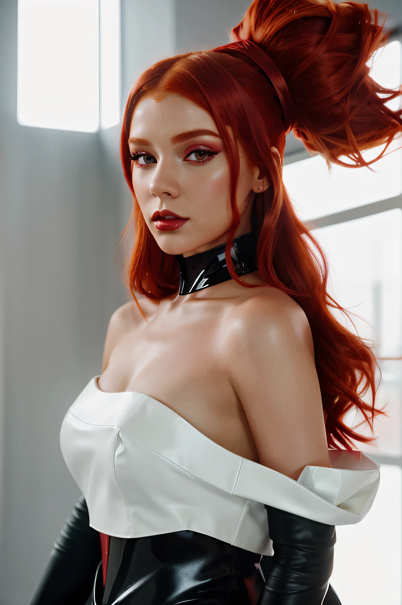 Uma bela artista pop ruiva toda vermelha roupa futurista elegante, with huge headpiece centerpiece, maquiagem limpa, com profundidade de campo, Fantastic bold and regal themed look, capturado em cores vivas, Embodying the Essence of Fantasy, minimalista, Film grain