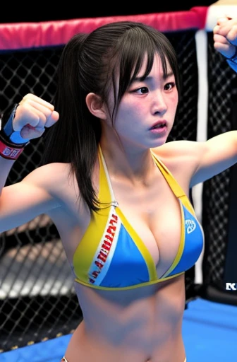 Beautiful girl idol female mixed martial artist。I'm in pain。match in the ring。The opponent's fist hits your stomach。delicate。bikini。