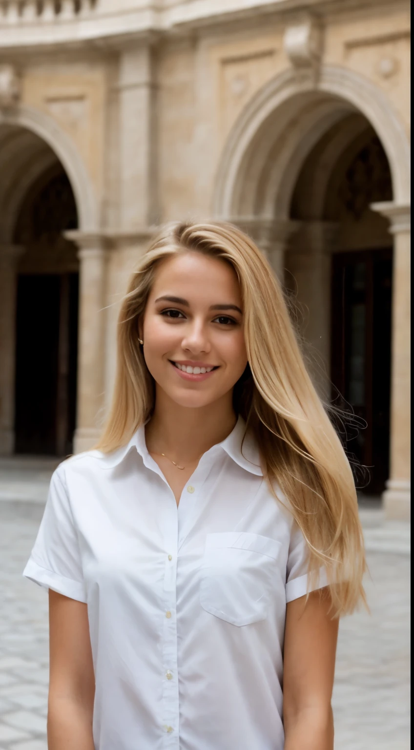 A 23-year-old blonde woman, ((pechos grandes)), ((hiperrealismo)) ,. blonde hair with light brown roots. cabello rubio, Hair with brown roots, cabello extra largo, cabello muy largo, really long hair, Beautiful, Front view, selfie, photo taken with iPhone, elegant purple shirt with escote, escotada, selfie in the quad, high quality, selfie iPhone, shy smile