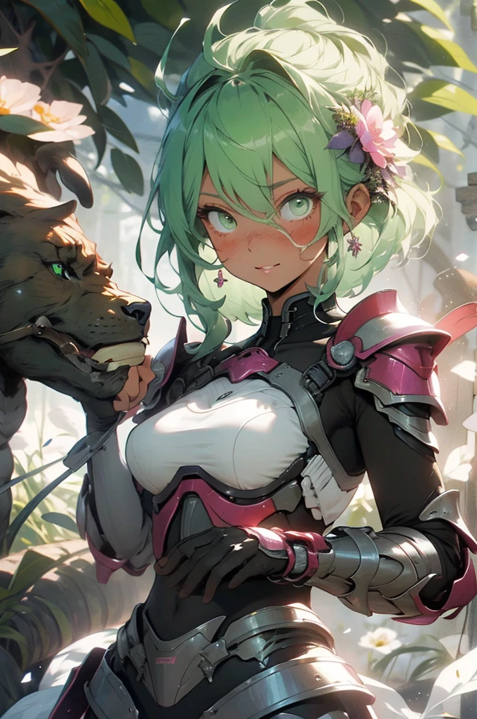 be realistic，（masterpiece，highest quality，highest quality，very detailed，fractal art，most detailed，（Background of the flower garden：1.5）（1 girl），Kamimei，（hair length），（green eyes shine、Breasts get bigger，stunned)，crystallization，sexy、mechanical armor、sunburned skin、（Holding a bouquet of flowers in your hands: 1.2）、break , （black pencil skirt)、lots of flowers