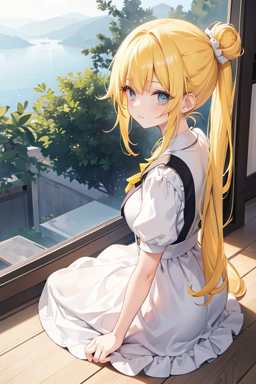 Girl with bright yellow hair, hair tied back quite long, in the villa, wearing maid clothes