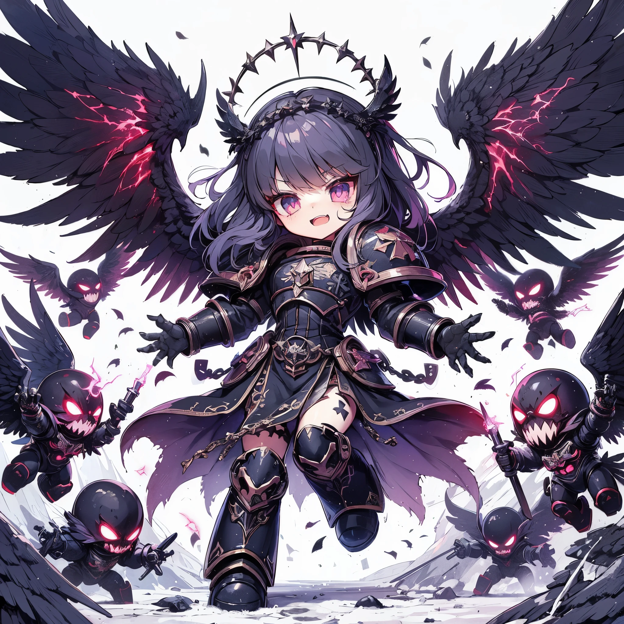 Masterpiece, best quality, ultra-detailed, anime style, full body of cute Chaos space marine girl, raven daemon primark girl, group of ravens made up of shadows form, jet black power armor, Warhammer 40K, Huge wings, dancing shadow ravens, supernatural Lightning and flame, ((Eight-pointed star symbol)), 8k high resolution, trending art station, white background, whole body,