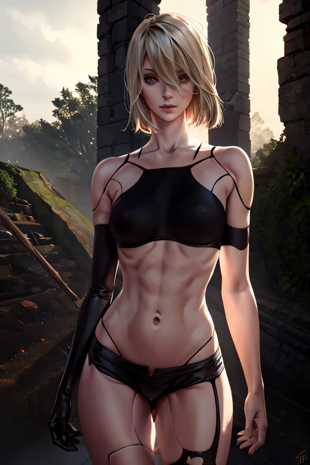 yorha a2, toned belly, sombre look, ruins, high quality, beautiful face, correct anatomy