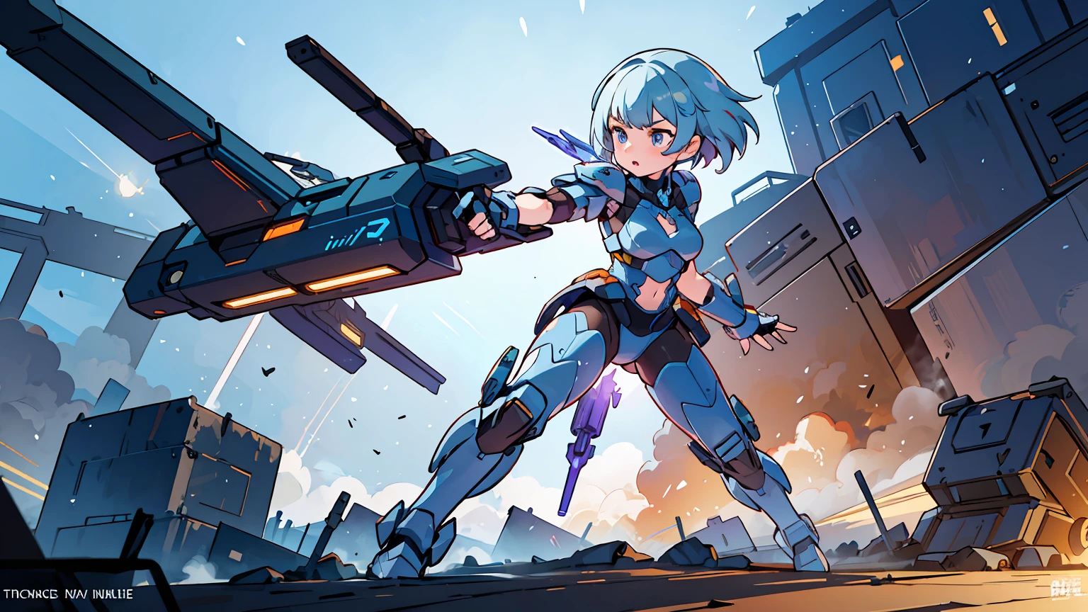 best quality, ultra-detailed, realistic, sci-fi, a girl, intense action, powerful weapons, futuristic armor, dynamic poses, high-tech gadgets, advanced technology, intricate spaceship design, vibrant colors, dramatic lighting