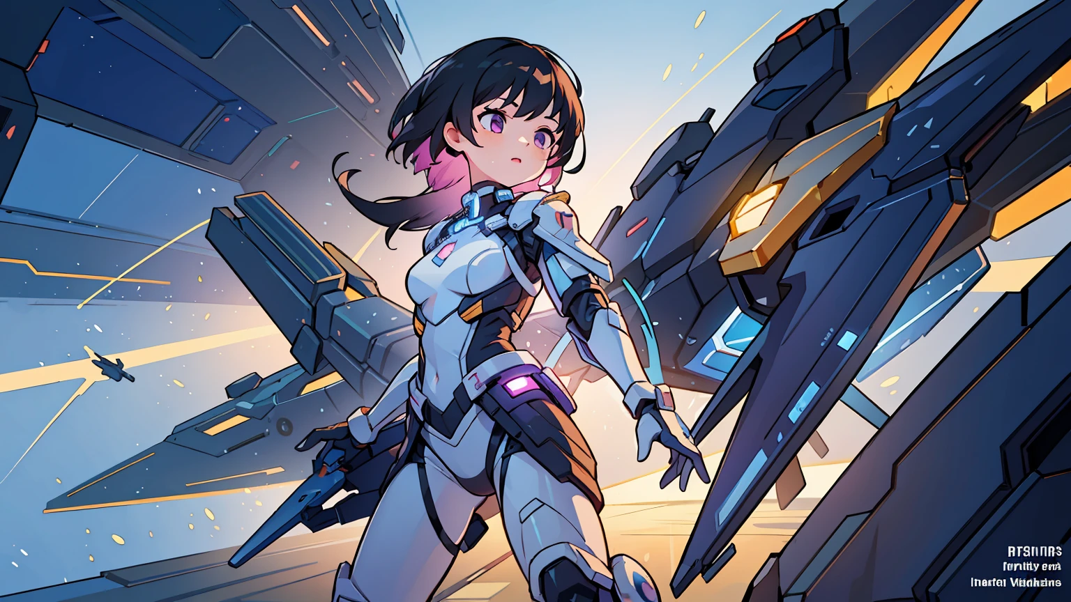 (masterpiece), (best quality), 1girl, mecha, mechanical armor, white armor, exoskeleton, weapon, big gun
