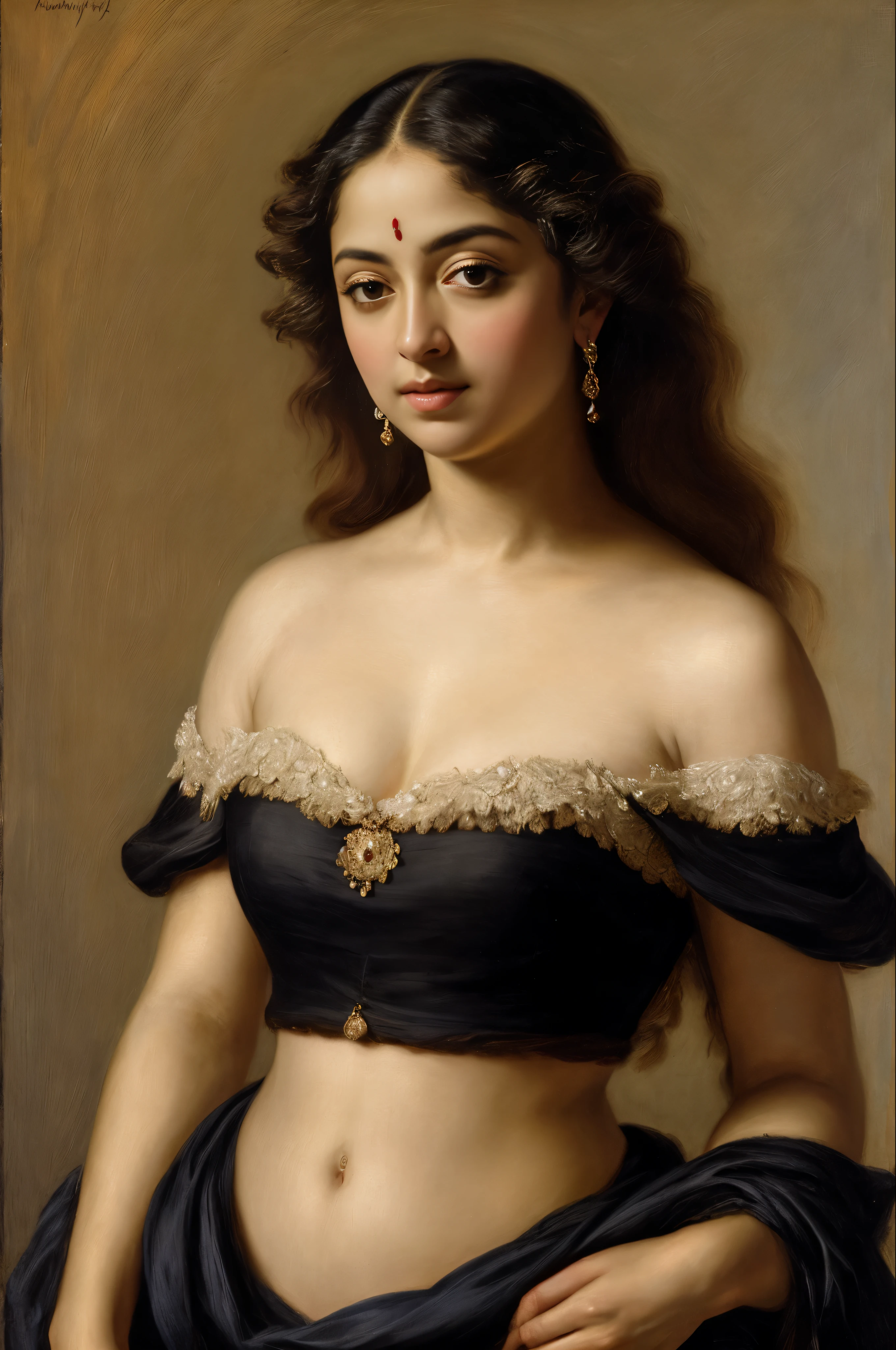 Best quality, highly detailed, masterpiece, Indian princess, Rajkanya, royal clothes, Masterpiece, extremely gorgeous woman, matchless Beauty, portrait, Peter Paul Rubens style, looks like Anushka Shetty, Woman, off shoulder bandeau crop blouse, middle ages, classicism, andrey atroshenko style, painting, long hair, styled hair, traditional media, realistic, figurative, fine art, detailed Art, oil on canvas, HDR, 8K, original character, high resolution, high detail, focus on the face, intricate, flawless, fluffy hair, Peter Paul Rubens style, By Peter Paul Rubens, sharp picture, avoid crown or mukut in picture,