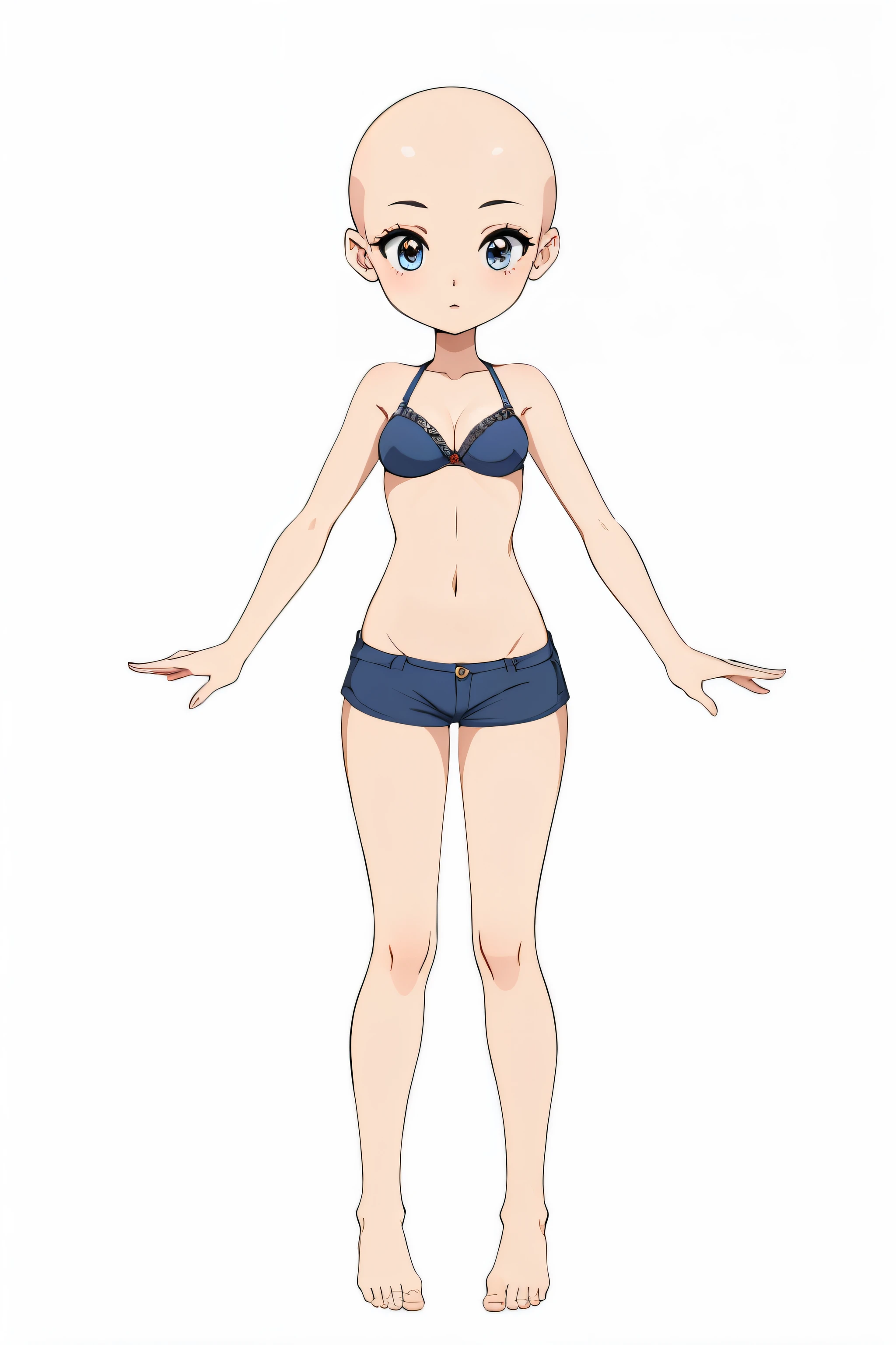 masterpiece, Best quality, a high resolution, very detailed, girl in bikini, long legs, big in bra, bare feet, bald head, Long fingers, whole body. White background