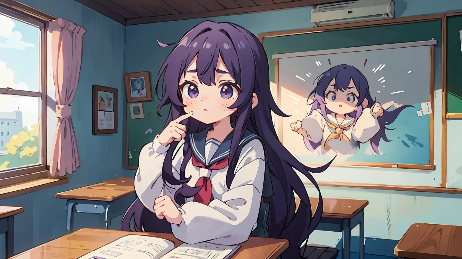 An eighteen-year-old young woman with long purple hair in a sailor suit sits in a classroom (school 1.5 in the background) (expression serious, cold 1.5) (best quality: 1.1) (masterpiece: 1.3) with an unparalleled masterpiece, surreal 8K, perfect artwork, super detail, best quality, masterpiece 4K wallpaper aesthetics, masterpiece, award-winning artwork, atmosphere, captivating lightingpresence, graceful