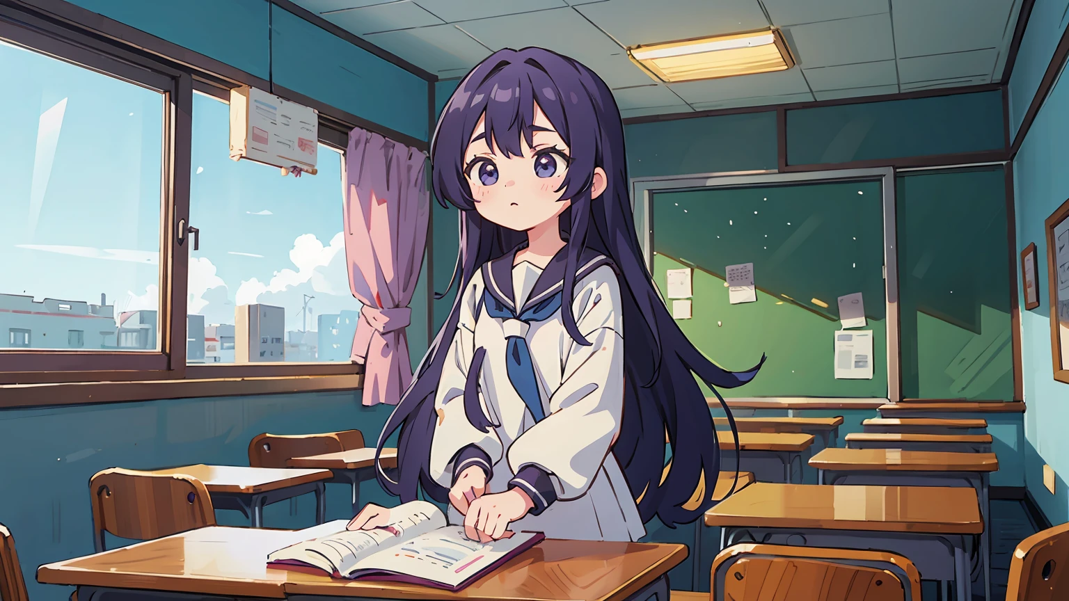 An eighteen-year-old young woman with long purple hair in a sailor suit sits in a classroom (school 1.5 in the background) (expression serious, cold 1.5) (best quality: 1.1) (masterpiece: 1.3) with an unparalleled masterpiece, surreal 8K, perfect artwork, super detail, best quality, masterpiece 4K wallpaper aesthetics, masterpiece, award-winning artwork, atmosphere, captivating lightingpresence, graceful