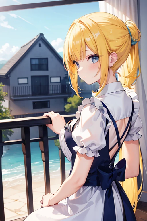 Girl with bright yellow hair, hair tied back quite long, aye color Is Blue, in the villa, wearing maid clothes