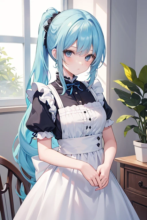 Girl with bright yellow hair, hair tied back quite long, aye color Is Blue, in the villa, wearing maid clothes