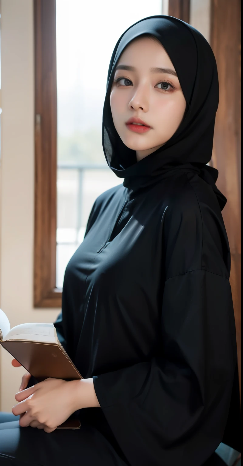 (best quality,4k,8k,highres,masterpiece:1.2),ultra-detailed,eyes detailed, face bright, face glow,(realistic,photorealistic,photo-realistic:1.37),ats old girl, Pasmina hijab abaya,blue hijab pasmina,asian korean beautiful girl girl,book,style sex +18,book,erotic Asian korean