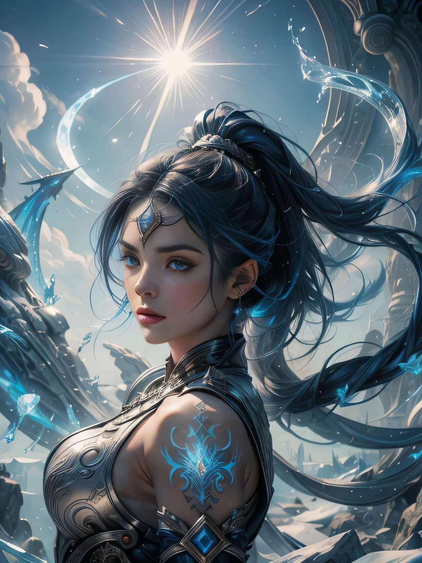 A female warrior wearing a white leather outfit., Behind it was a blue flame.., Wear revealing clothes, Dark blue hair, There is strong sunlight.., electric current around, The ice dragon is in the background.., There is a tattoo on the forehead..