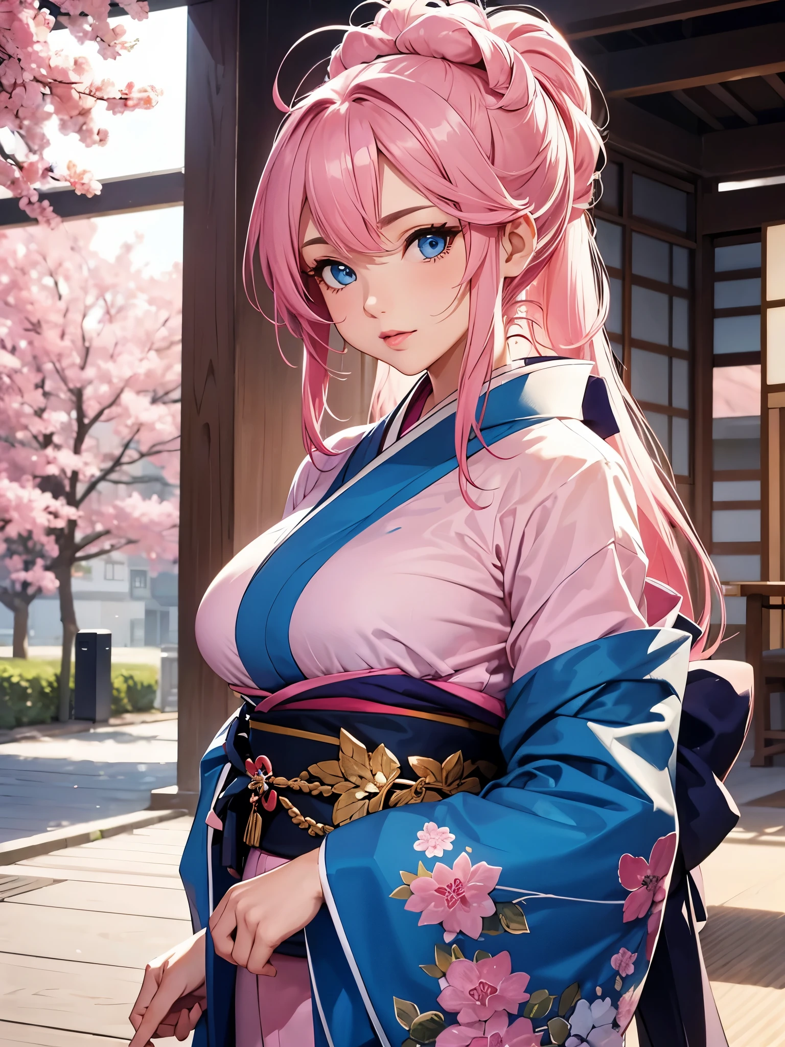 Gal、Sengoku period、Wearing a kimono、The kimono is open、cute、Too much exposed skin、Upper Body、Eating a banana、Pink Hair、Emphasize large breasts、Around 25 years old、Anime style illustrations